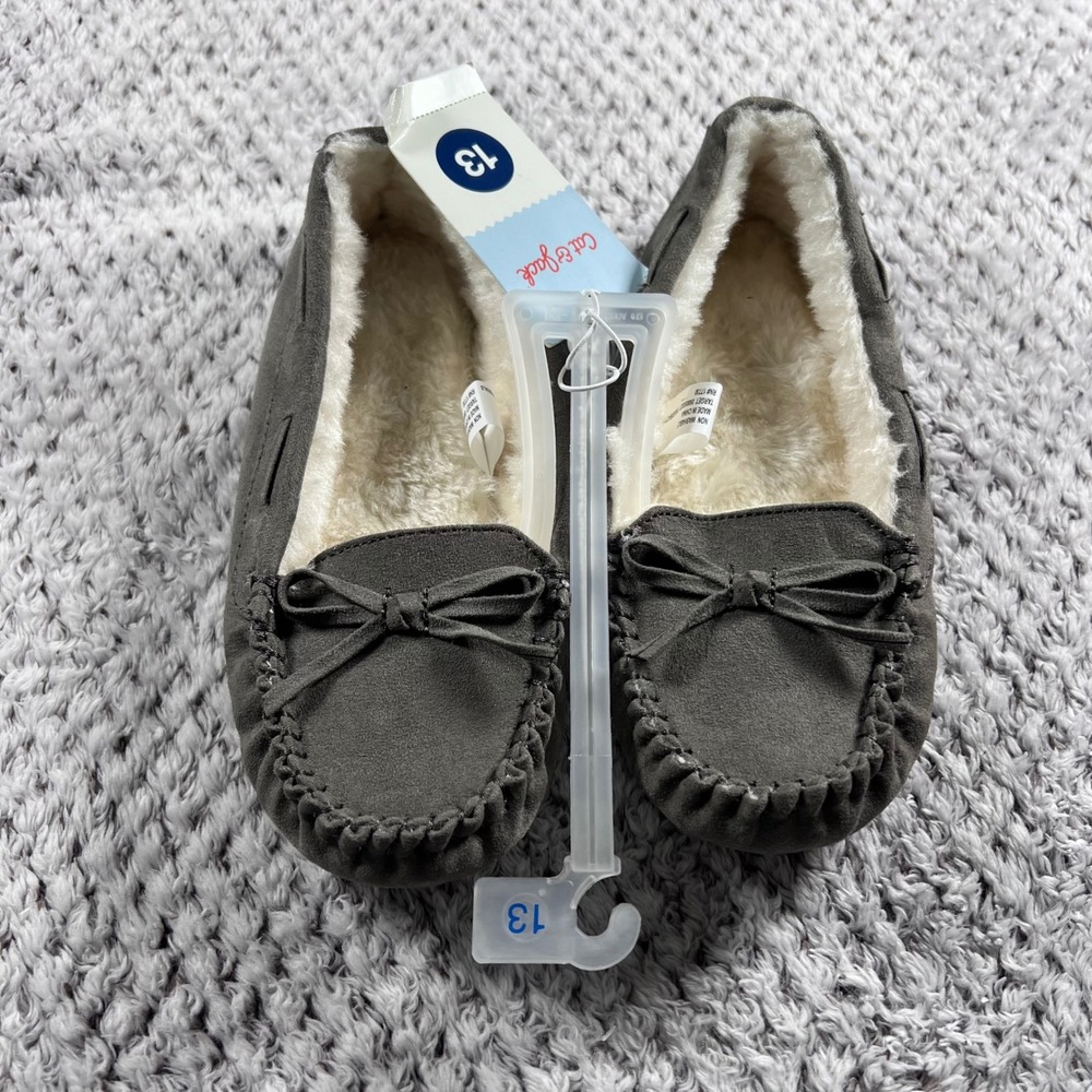 Cat Jack Toddler Girls Gray Bow Moccasin Slippers Size 13 Plush Lined‎ NWT